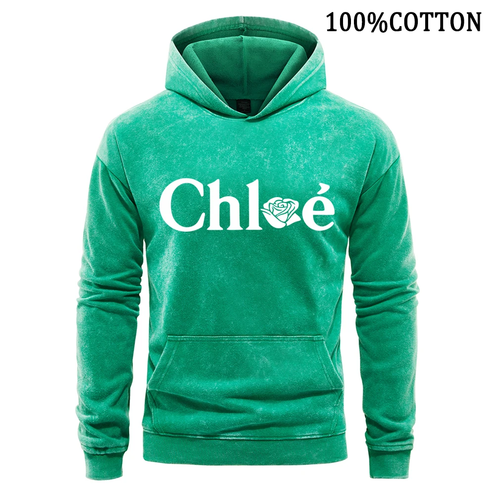 Rose Flower Chloe Letter Men Hoodies Retro Washed Hoodie 100% Cotton Hoody Autumn High Quality Flexible Pullover Streetwear Tops