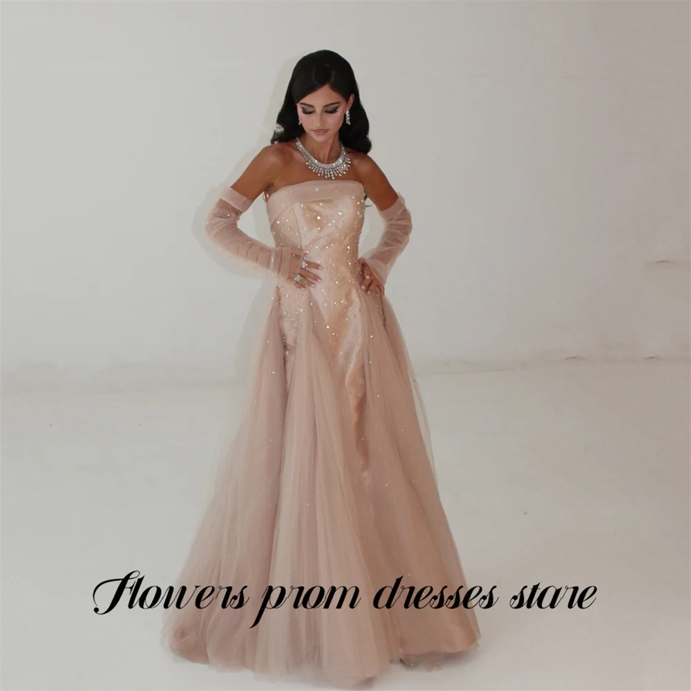 

Flowers Pale Pink Prom Dress Strapless Celebrity Dress Beaded Tulle Women's Evening Dresses A Line Formal Gown Customized