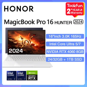 HONOR MagicBook Pro 16 HUNTER 2024 게이밍 노트북, 인텔 울트라 5 7 NVIDIA RTX 4060 24 32GB 1TB 16 인치, 3K 165Hz 게이머 컴퓨터 PC 