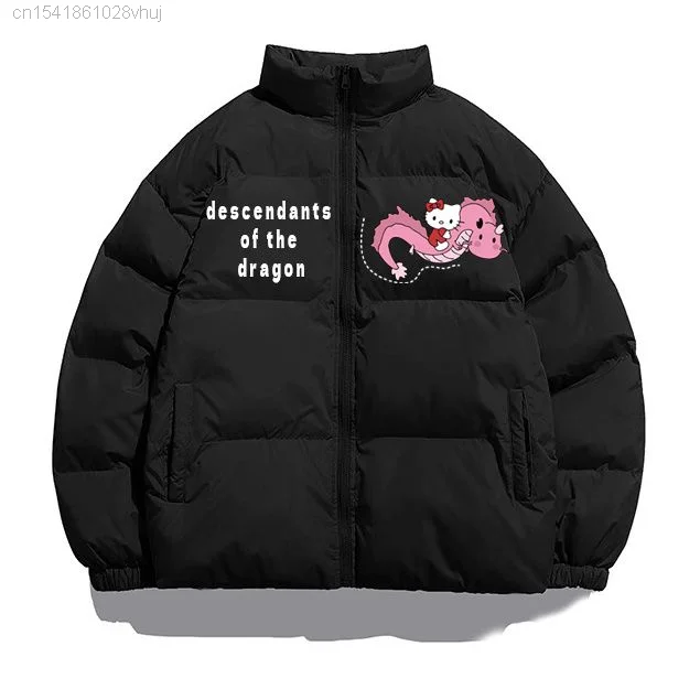 Sanrio Dragon Hello Kitty Cotton Coat Winter Thick Warm Y2k Gothic Hip Hop Zipper Black Down Jacket Youthful Woman Clothes Girls