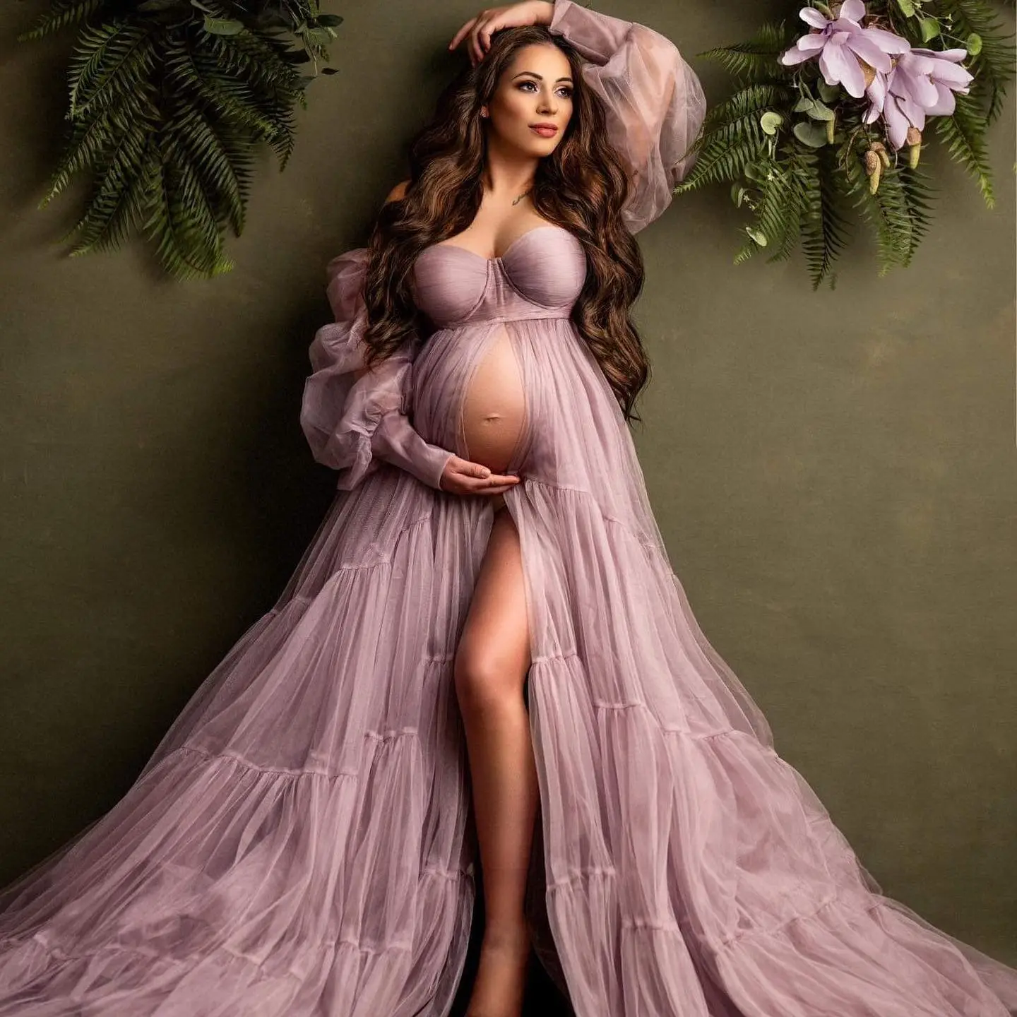 

Lavender Pleat Tulle Maternity Photoshoot Dress Front Slit Long Sleeve Prom Dresses Women Flowy Baby Shower Gown Customise