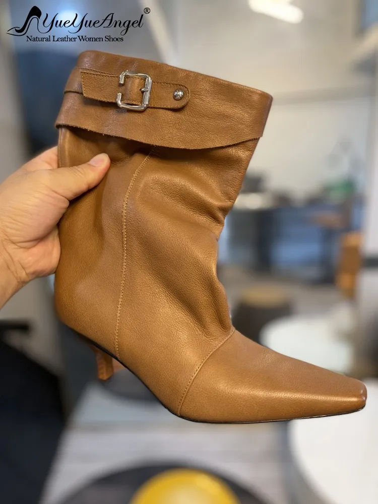 New Office Women Stiletto Genuine Leather Boots Pointed Toe Fashion Cowhide Solid Color High Heel Shoes Designer Mid Calf Boots