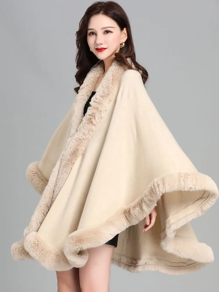 Winter Umhang Kaschmir warm dicken losen Mantel Poncho Frauen Faux Kaninchen Pelz Hals Cape Büro Dame pelzigen Strickjacke 신상아우Täler