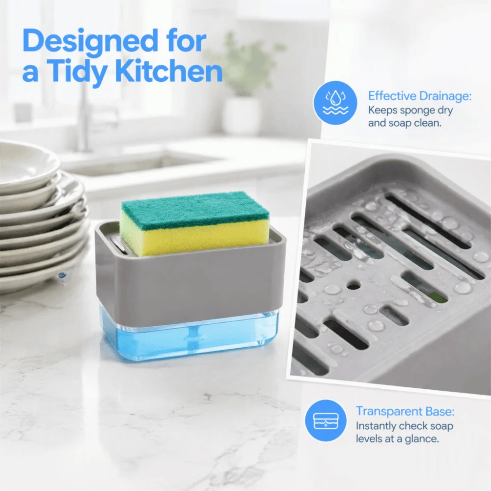 ABS PS Soap Dispenser White Grey No Waste Design Dish Soap Dispenser with Sponge Press Type Soap Dispenser Box Kitchen Cleaning