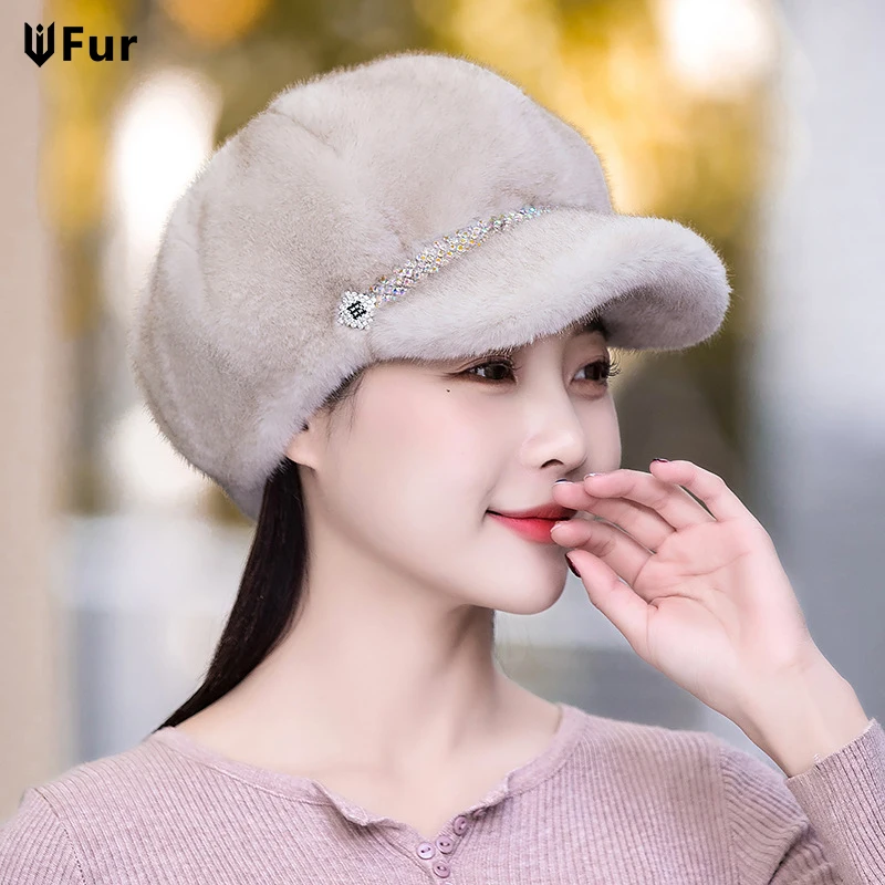 2024 Winter Hat For Women Fashion Faux Fur Fluffy Duck Tongue Hat Female Warm Ear Protection Hats Outdoor Thicken Wind Snow Caps