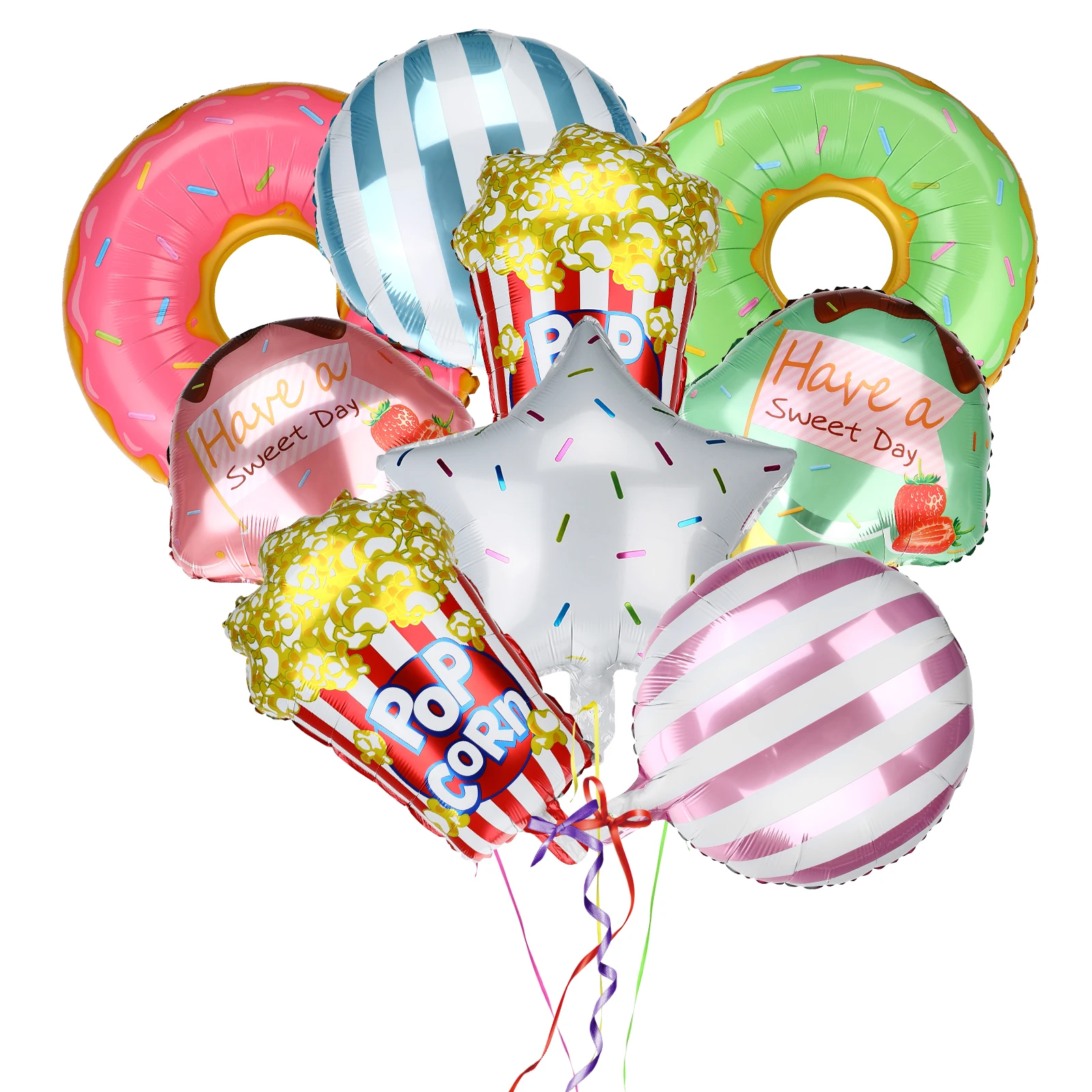 

9pcs Colorful Balloons Aluminum Foil Balloons Ice Cream Popcorn Doughnut Candies Balloons Food Themed Party Decorations