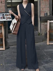 2PCS Fashion Tracksuits Women Summer Pant Sets ZANZEA Elegant Sleeveless Blouse OL Work Trouser Suits Solid Loose Matching Sets