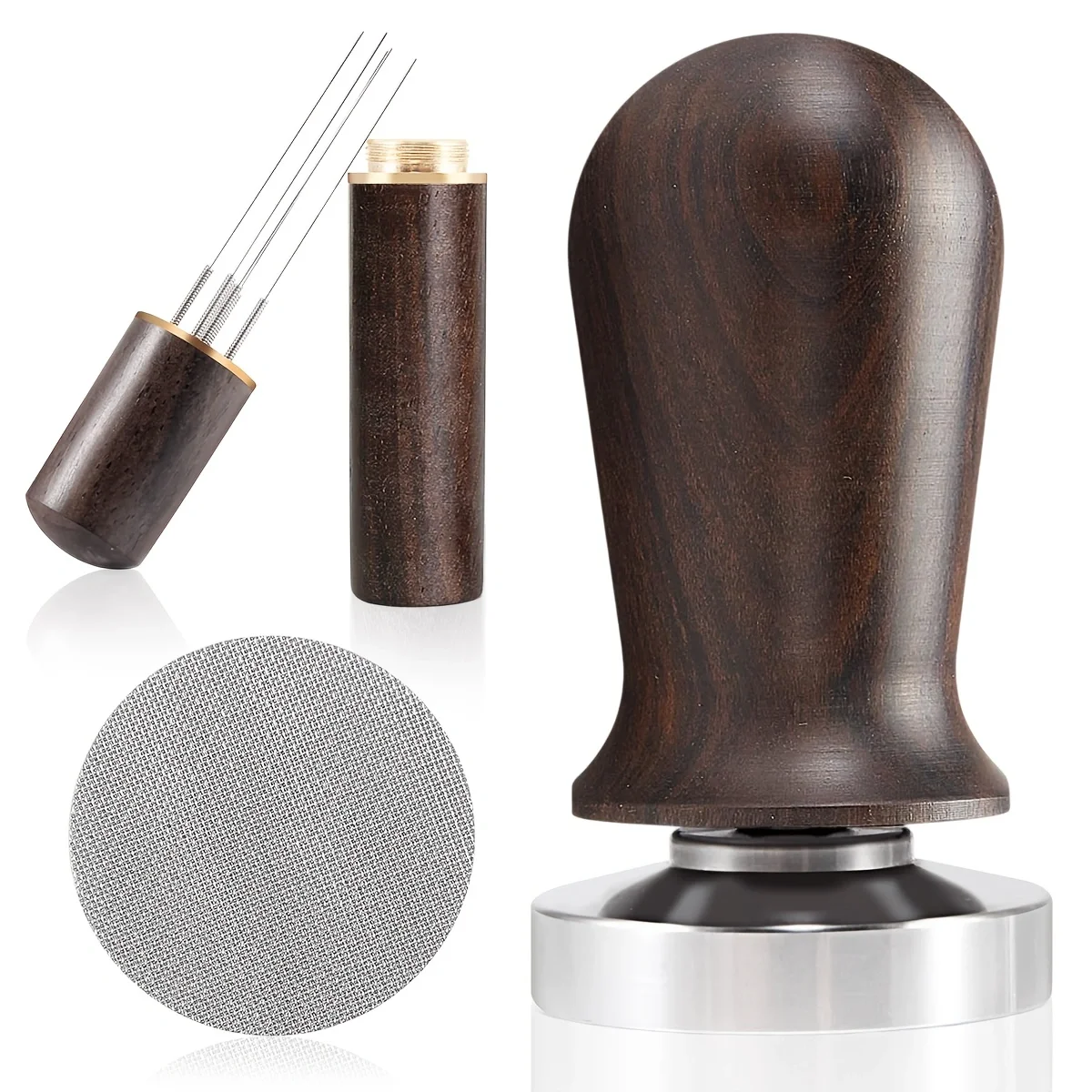 Espresso Tamper Set, Wooden-Handle Spring-loaded Calibrated Tamper with Stainless Steel Base, for Home, Office, Cafes, Parties