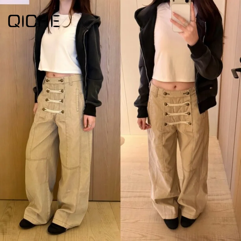 Calças Jeans Unissex Soltas Vintage de Abotoamento Simples QICHE, Calças de Perna Larga Curvada Desconstruídas Estilo High Street Americano 2026