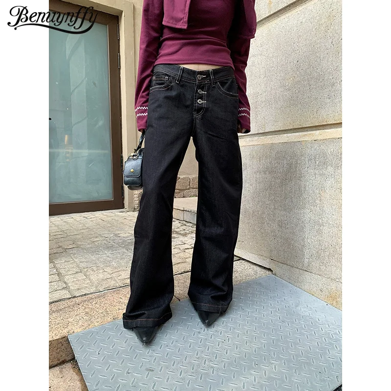 Benuynffy ريترو زر يطير منخفضة الارتفاع الجينز للنساء 2025 الخريف الشتاء موضة فضفاضة بنطال ذو قصة أرجل واسعة ملابس امرأة الشارع جديد #1