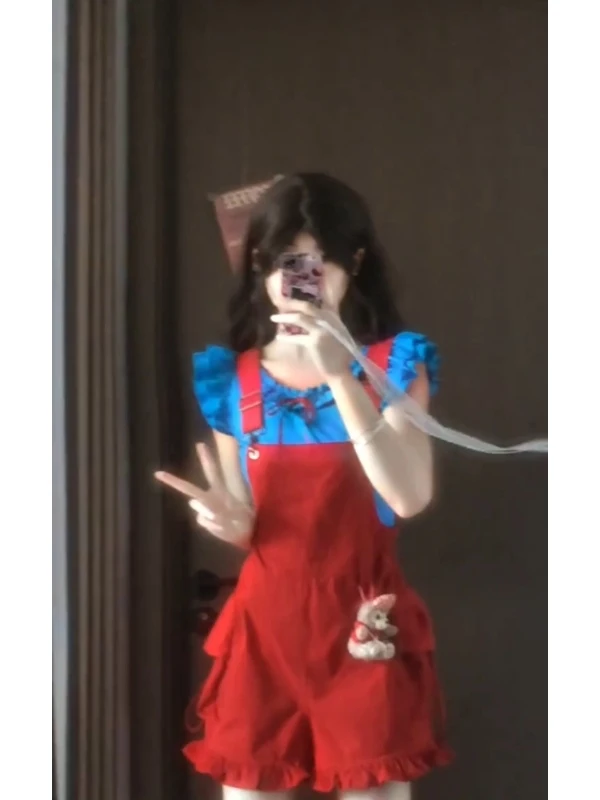 طقم صيفي فضفاض مضاد للشيخوخة باللون الأحمر Dopne Sle مع Flng Sves وسراويل ort مكونة من قطعتين طقم Faion للسيدات #2