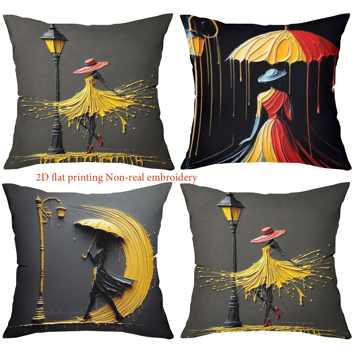 Stylish Women with Umbrellas on Black Pillows 2D Printed Polyester pillowcase, sofa decorative cushion cov Headboard Pillow