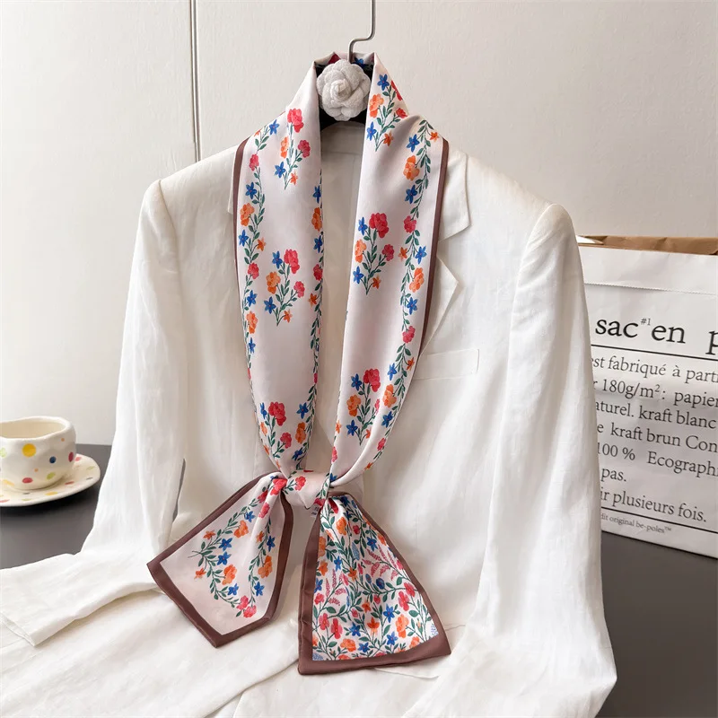 

New floral double-layer scarf ribbon tie packaging decorative neckerchief small long hairband silk scarf women's printed narrow