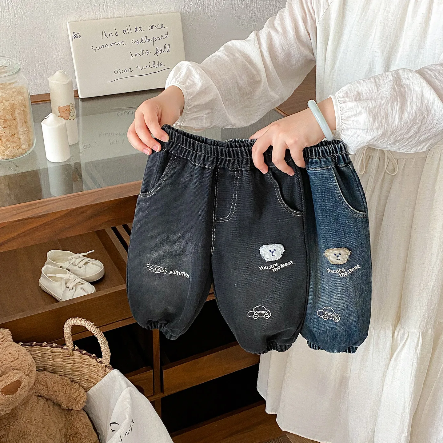 

2025 ins Autumn children's pants Elastic waist infant baby boys loose cargo pants bear Embroidered newborn boys Harem pants