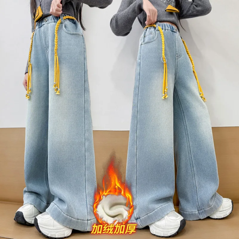 سراويل جينز مطرزة بفيونكة للفتيات للأطفال سراويل دينم كلاسيكية باللون الأزرق الفاتح واسعة الساق ، خريف/شتاء 2022 ، سراويل أطفال شبابية من 4 إلى 14 سنة #1