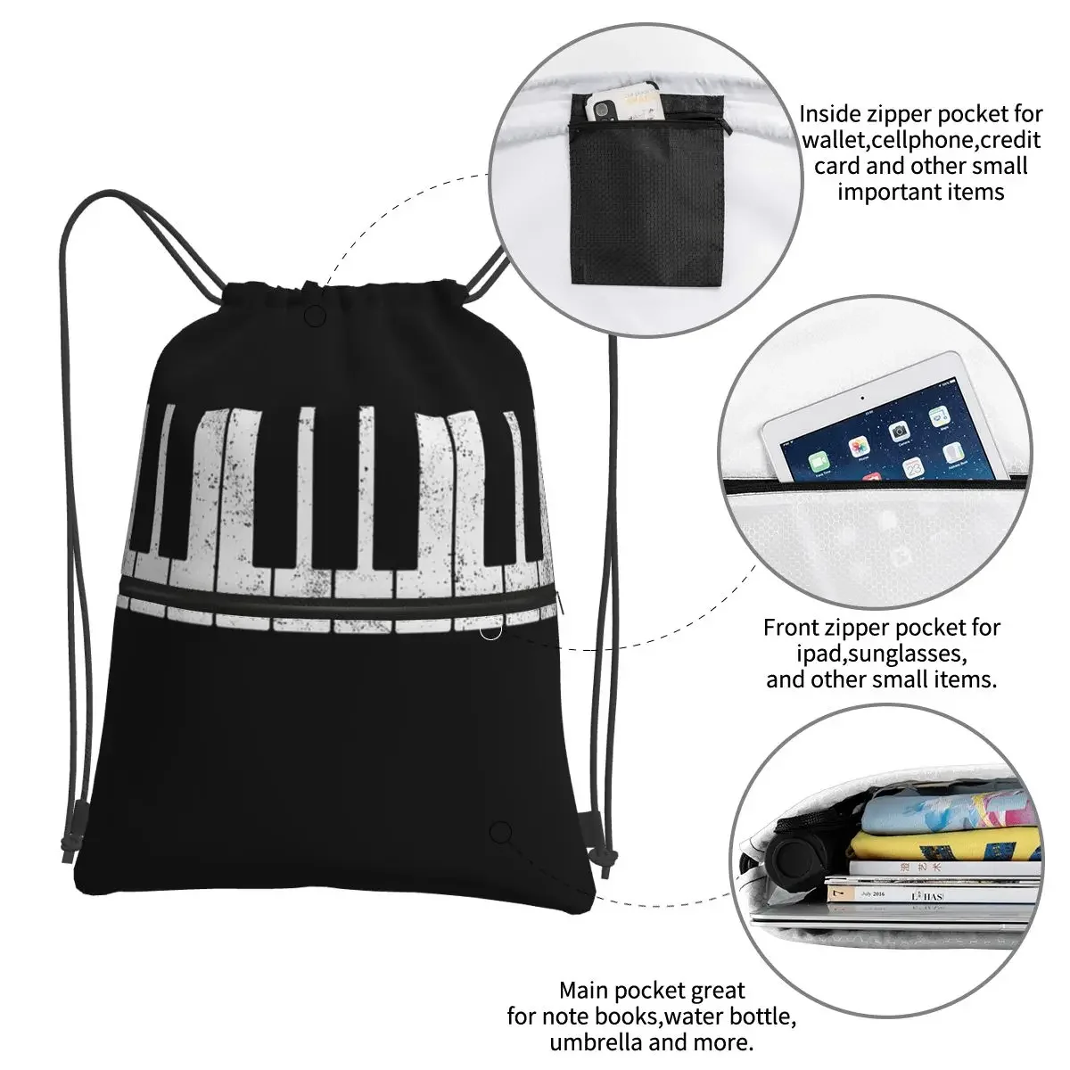 Pianista Piano mochila portátil con cordón, paquete de cordón de moda, bolsas de almacenamiento de bolsillo para estudiantes escolares