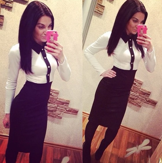 AliExpress popular long-sleeved shirt collar black and white splicing hip-wrapped dress is in stock.