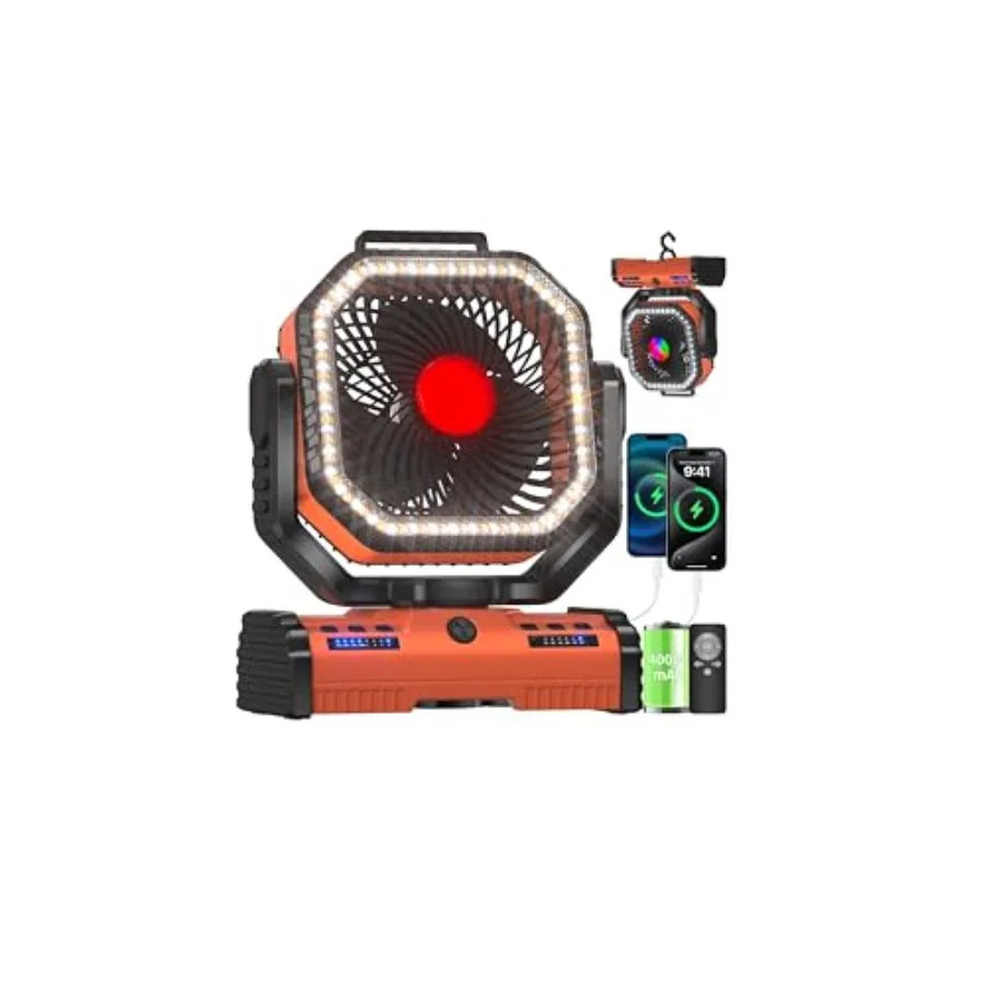 

12-дюймовый портативный вентилятор для кемпинга с аккумулятором 40000 мАч, 4 скорости, LED-подсветка (холодный/теплый свет), режим SOS, автоматическая осцилляция