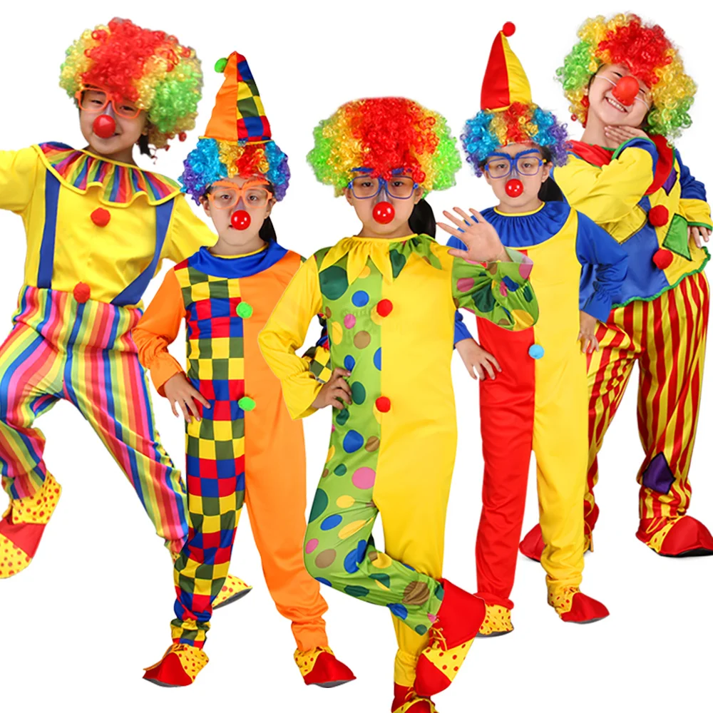 Kinder Karneval Clown Zirkus Cosplay Kostüme mit Schuhen Perücke Kinder Jungen Mädchen Baby Geburtstags feier Overall Hut