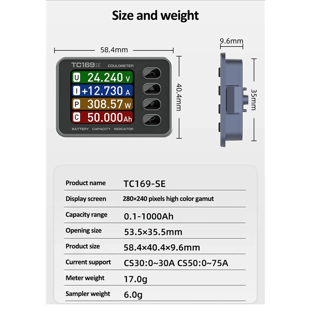 

New 3C-High-Precision Color Screen Coulomb Meter TC169SE Battery Voltage and Current Meter Lithium Battery Capacity Tester,B