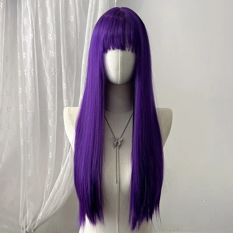 Colored Flat Bangs Long Straight Synthetic Wig for Women