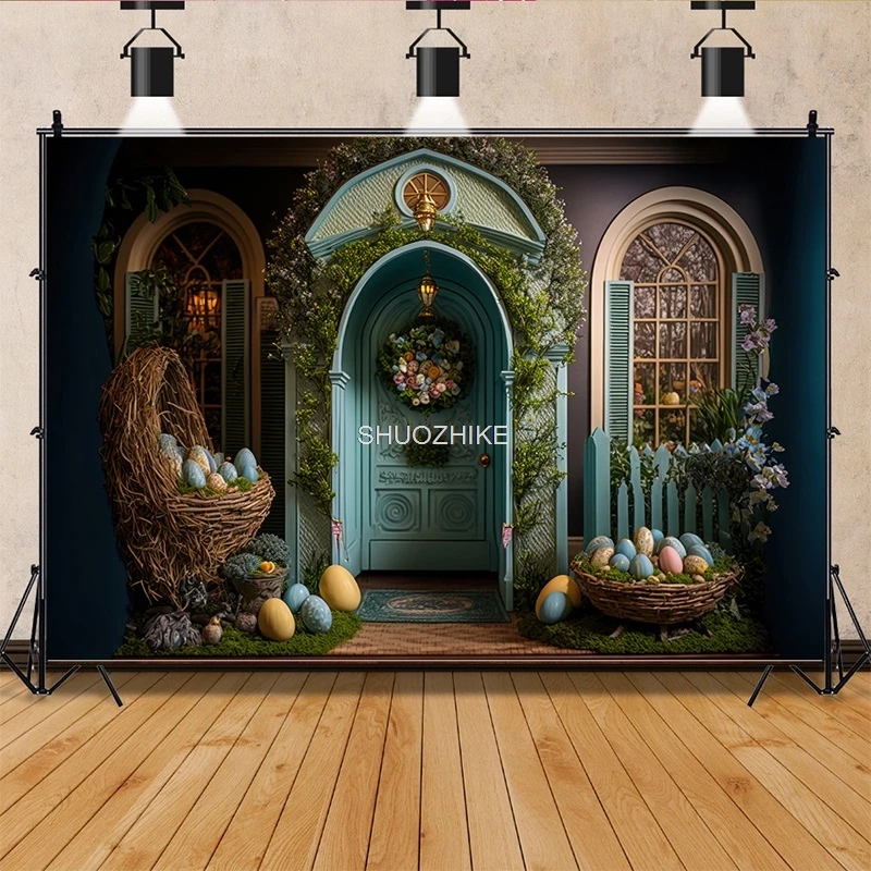 SHUOZHIKE Easter Scene For Photo Studio Background Celebrations Spring Eggs Rabbits Doors Photography Backdrops Props FR-08