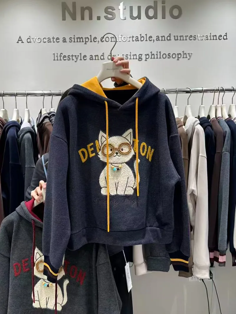 متعة لطيف القط هوديي تصميم صوف مبطن سميكة البلوز المرأة الشتاء الشباب فضفاض التخسيس طويلة الأكمام هوديس معطف #2