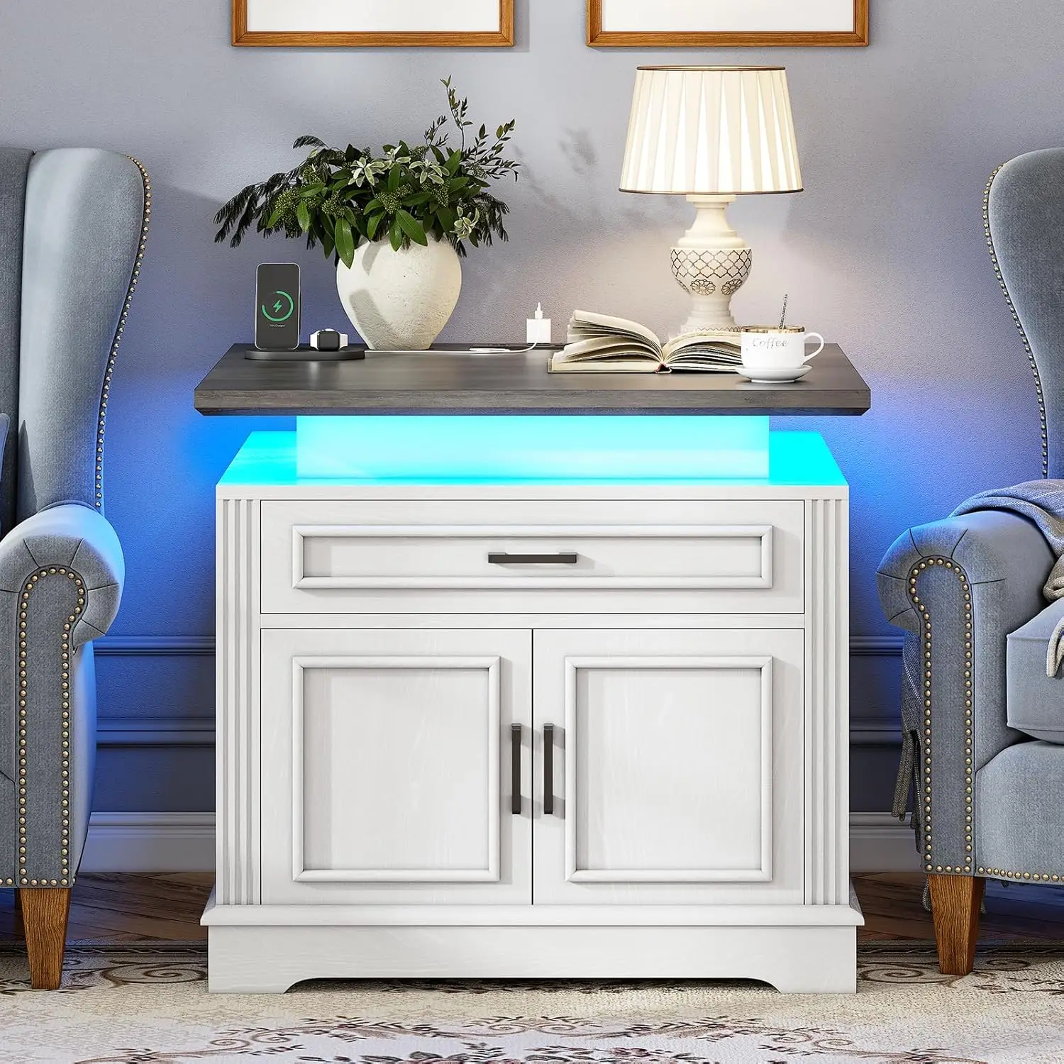 

White Side Table Living Room, End Table with Charging Station, 24" Large Farmhouse Side Tables Bedroom with Storage Drawers