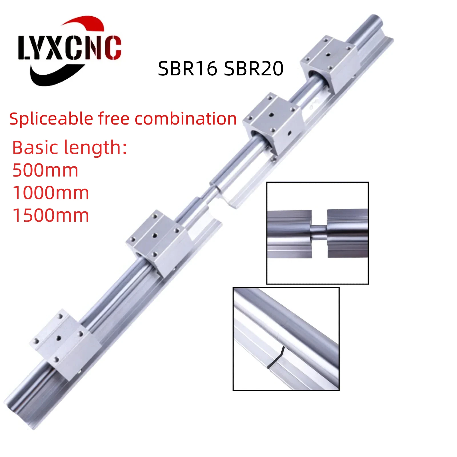 SBR16 SBR20 Linear guide rail Splicing style Basic length 2pc 500mm 1000mm 1500mm with slider and pin can be freely combined