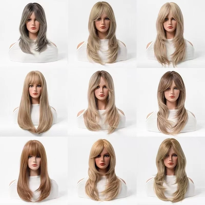 

American synthetic curly hair, golden mixed color, large waves, machine-made medium-long fluffy European and A