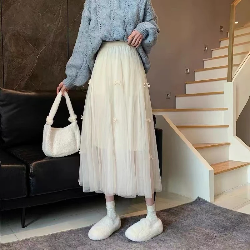 Spring Summer Fashion Bow High Waist Mid-length Loose Waist A- Line Princess Long Dress Mesh Half Skirt Fresh Sweet Style