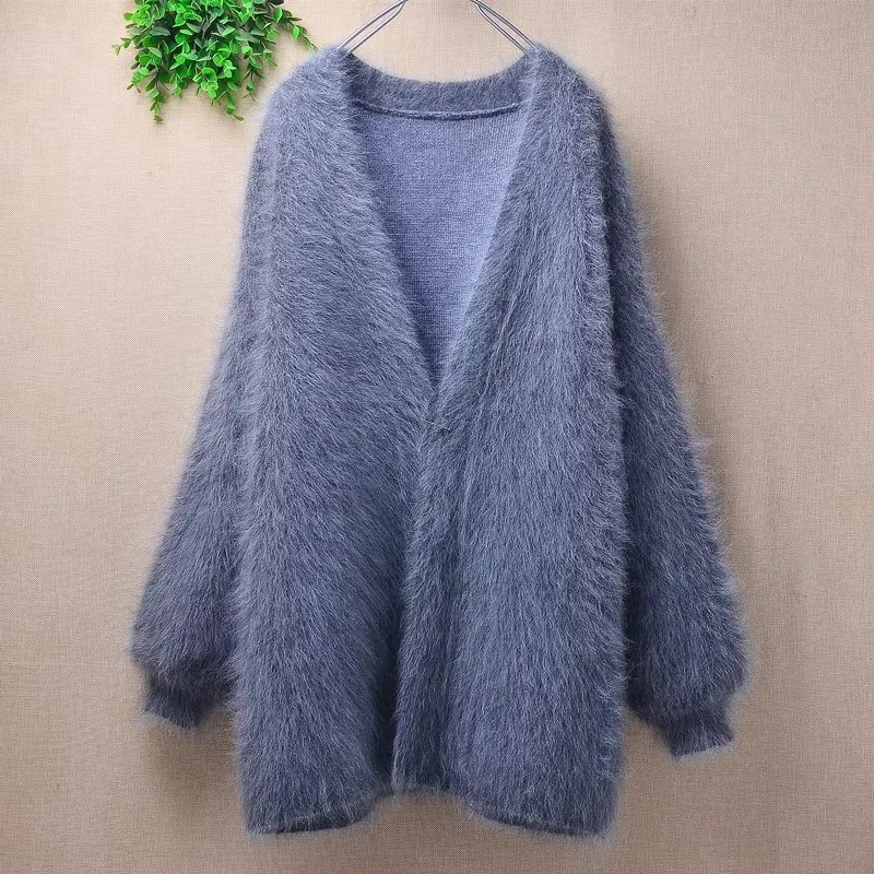 

Женская осенне-зимняя одежда, серая волосатая норковая кашемировая вязаная куртка с длинными рукавами-фонариками и v-образным вырезом, свободные кардиганы, свитер, куртка