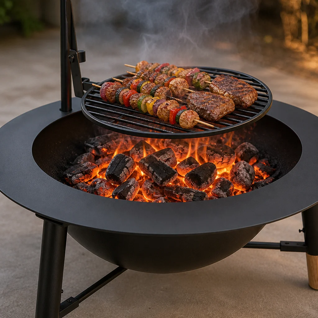 hx-Modern Freestanding Fire Pit Combo 100cm Outdoor Bowl Swing Arm Cast Iron Grill Painted Steel Tripod Legs Wood Feet Portable