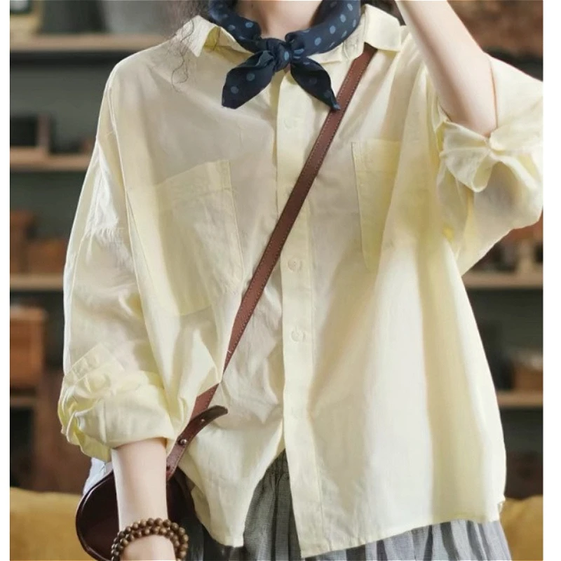 

Blouses Women Shirt Turn Down Collar Full Sleeve Tops Casual Solid Work Y2k Streetwear Elegant Splice Shirts 2026 Spring