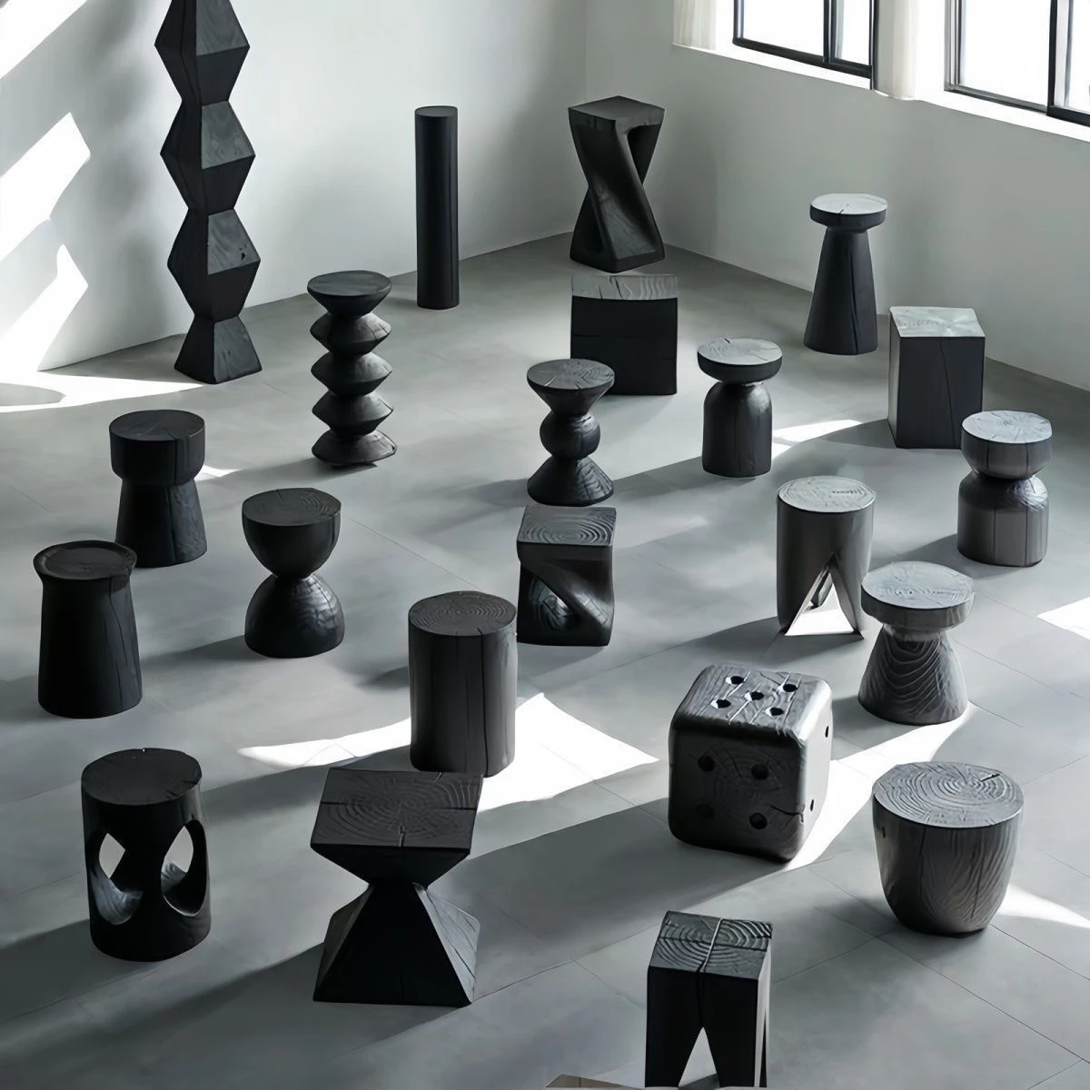 

Пирс из цельного дерева, карбонизированный черный табурет ваби, край B & B, угловой орнамент, деревянный ворс, резьба по корню, низкий табурет, обувь