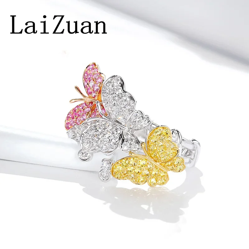 LaiZuan Solid 18k au750 White Gold H/SI Natural Diamonds Ring Beautiful Color Sapphire Luxury Trendy Women Butterfly Ring Custom