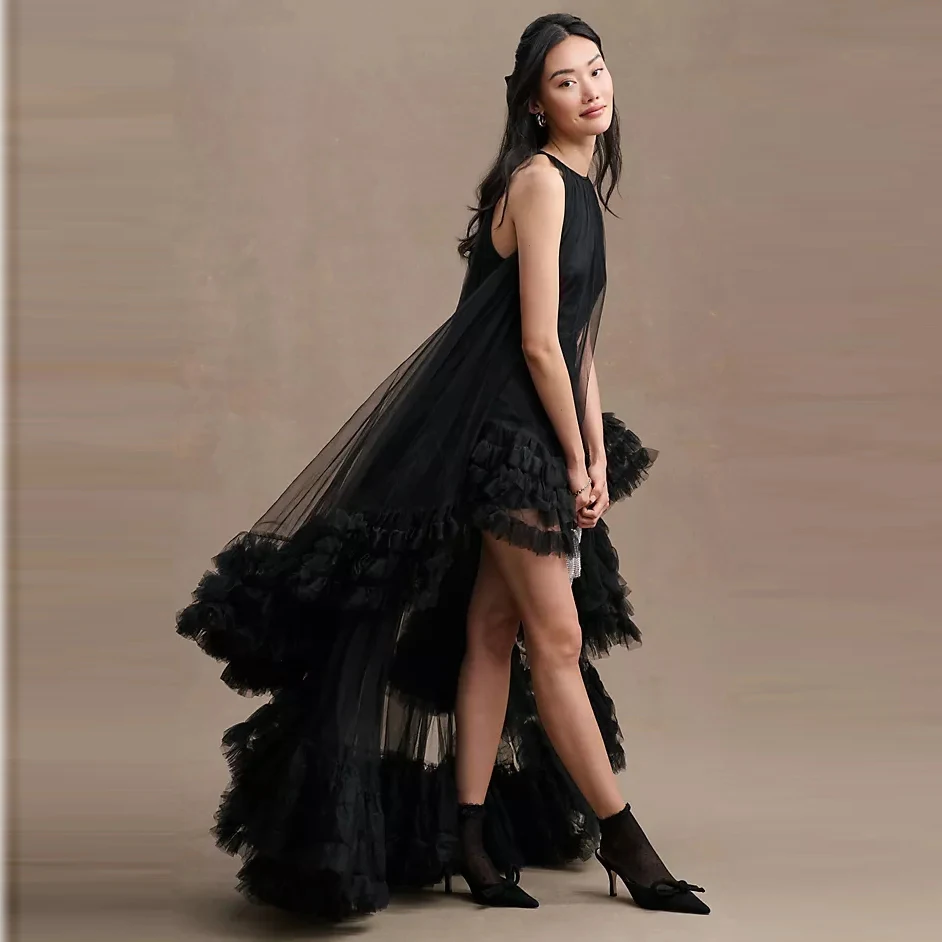 Trendy Black High Low Tulle Long Women Dresses Ruffles Tutu Tulle Edge Modest Female Party Dresses Female Tulle Robe