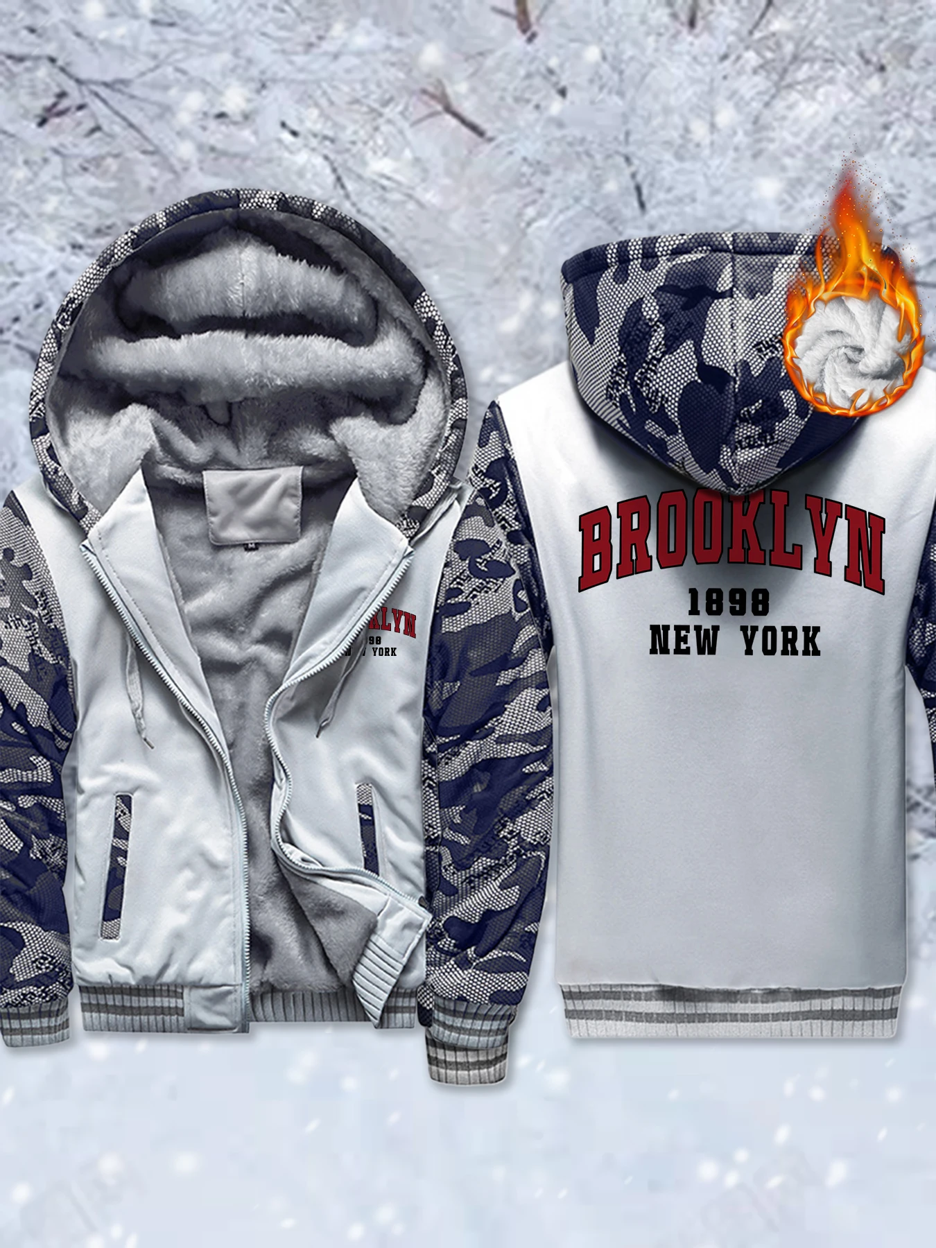 

Brooklyn New York 1898 Printing Fleece Warm Jackets Unisex Soft Comfy Streetwear Thicken Winter Veste Pocket Zip-Up Hoodie Mens