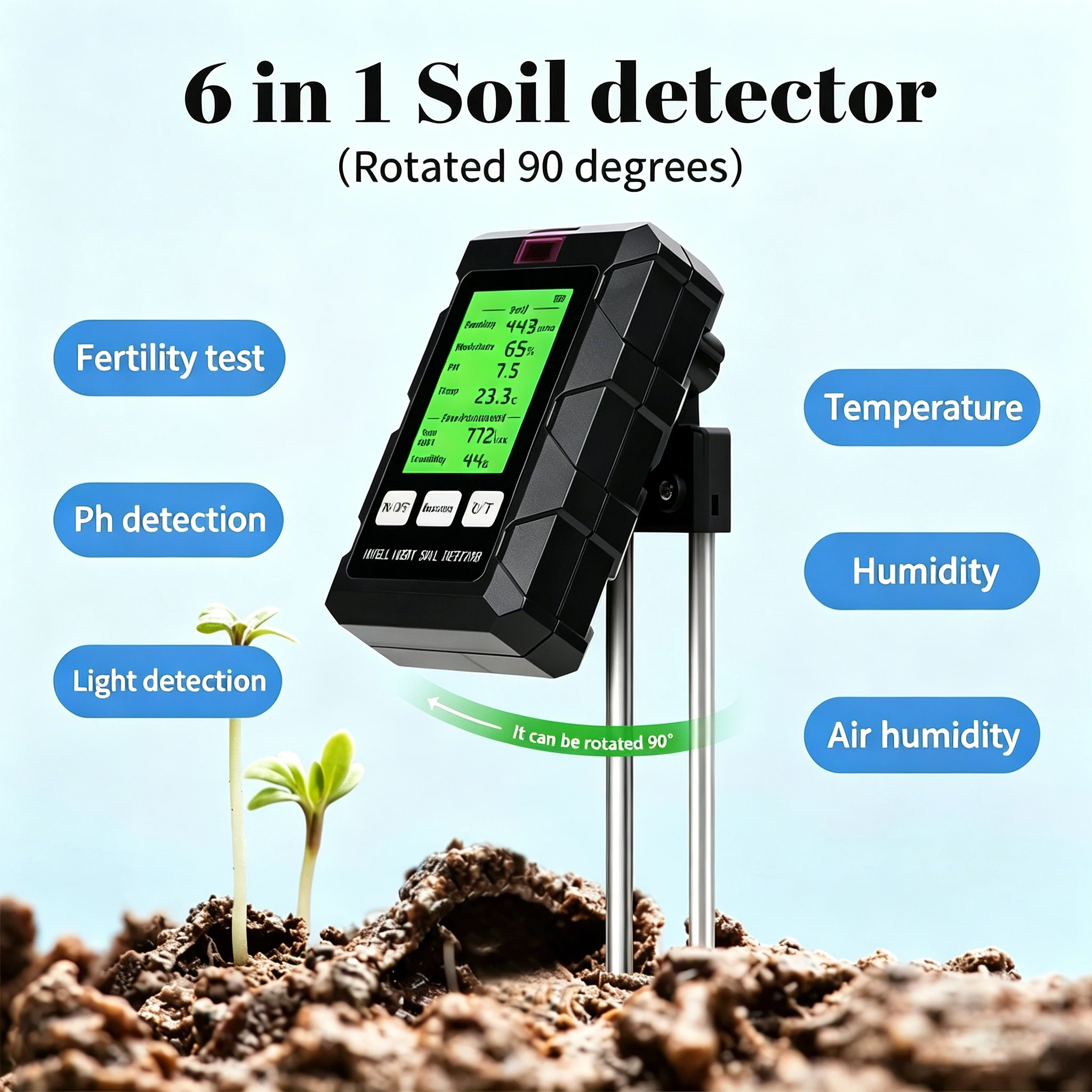6 in 1 Soil PH Meter Sunlight Ambient Humidity Temp Soil Moisture Tester Nutrient Fertility Detector Garden Soli Analyzer