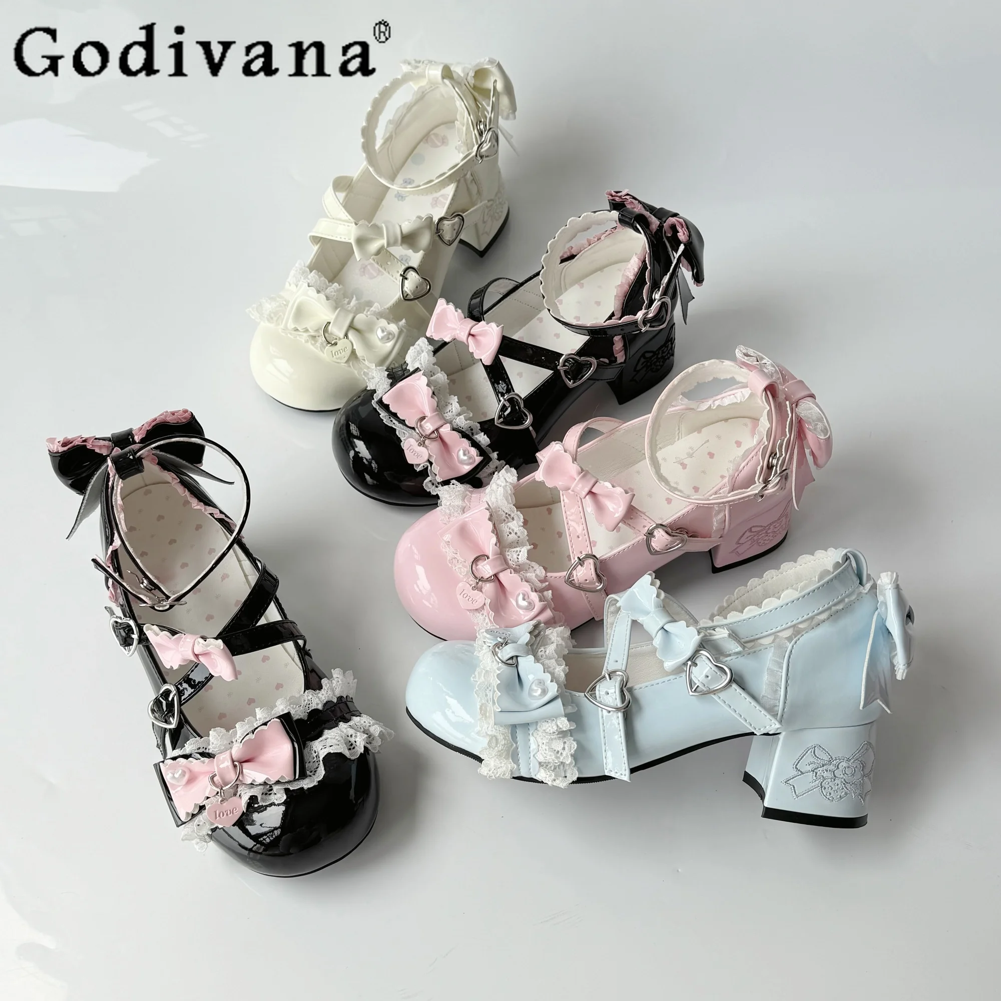 

Японские оригинальные туфли Lolita на высоком каблуке с круглым носком, на толстом каблуке, с милым кружевным бантом, для милых девушек-студенток, универсальные туфли на каждый день