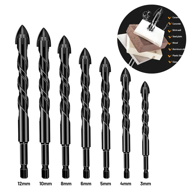 6/5/7Pcs Cross Hex Tile Drill Bits Set Hard Alloy Triangle Porcelain Stone Glass Ceramic Concrete Drill Bit Hole Opener for Wall