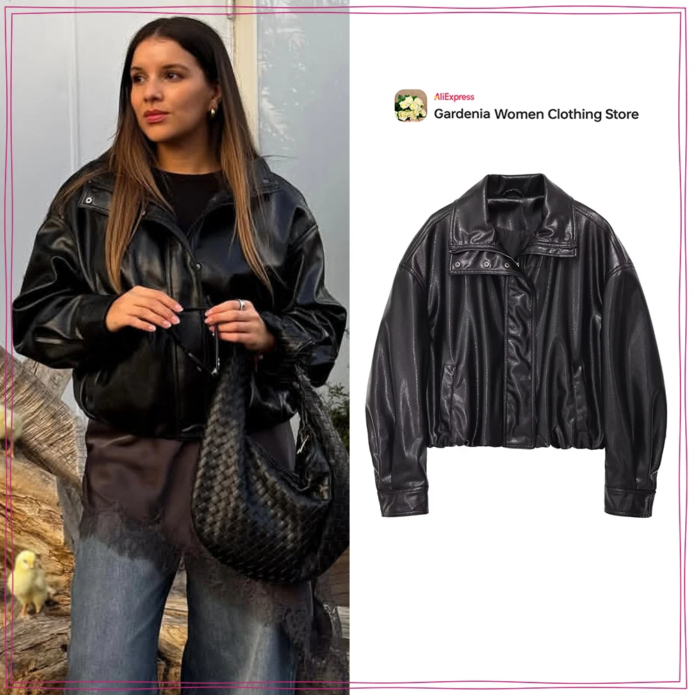 

Стильные черные куртки из искусственной кожи для женщин, осенняя верхняя одежда в стиле High Street, куртка с высоким воротником, длинными рукавами, молнией и манжетами
