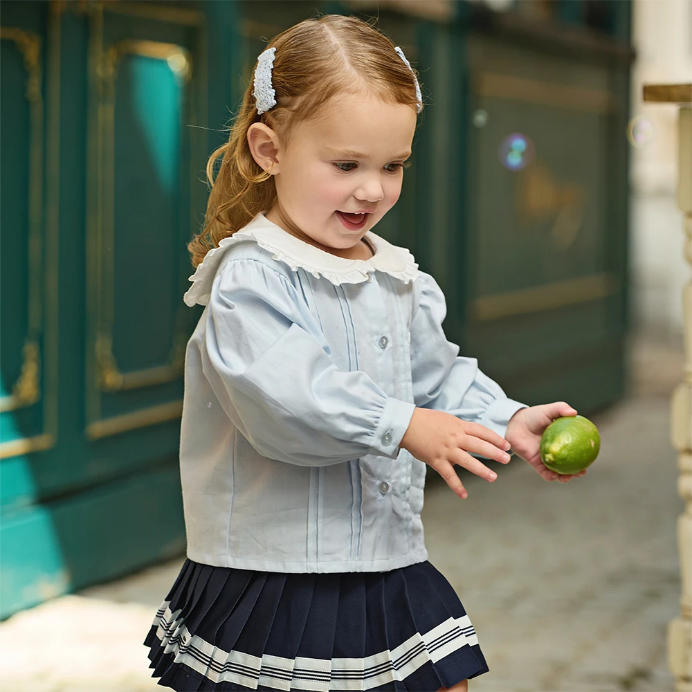 Dave Bella Children Half Skirt Set Autumn Spring Girls Lace Collar Top Pleated Skirt Two Piece Set Kids Casual Clothes DB1260886