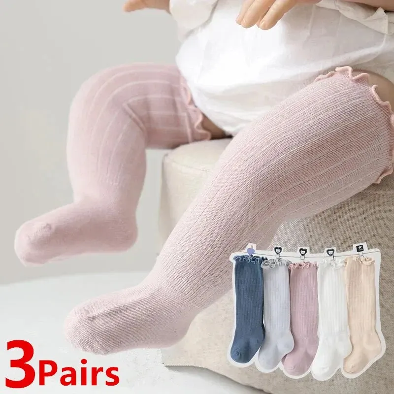 3 Paren/partij Baby Meisjes Sokken Kant Stroken Effen Katoen Lange Knie Hoge Kinderen Sok Pasgeboren Lente Kinderen Ruche Leuke Socken