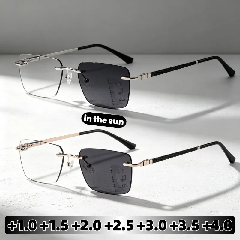 New Frameless Multifocal Photochromic Presbyopia Glasses Unisex Fashion Anti Blue Light High‑Definition Reading Eyewear