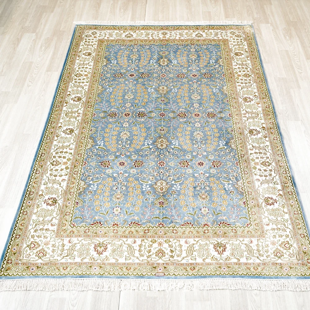 152x244cm Hand Made Silk Carpet Blue Palace Style Oriental Silk Rugs (YJH009B)