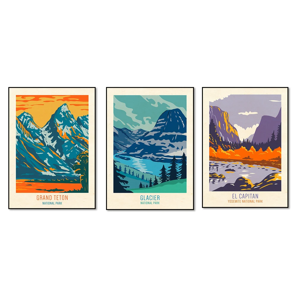 El Capitan Yosemite National ,Grand Teton National ,Glacier National ,Lassen Volcanic National Park Retro Travel Print Wall Art