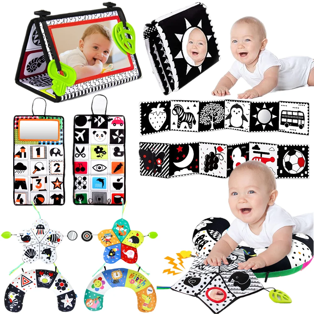 Tummy Time Pillow Toy Black and White High Contrast Baby Toys Montessori Crawling Mirror Toys for Infant Newborn 0 6 12 Months