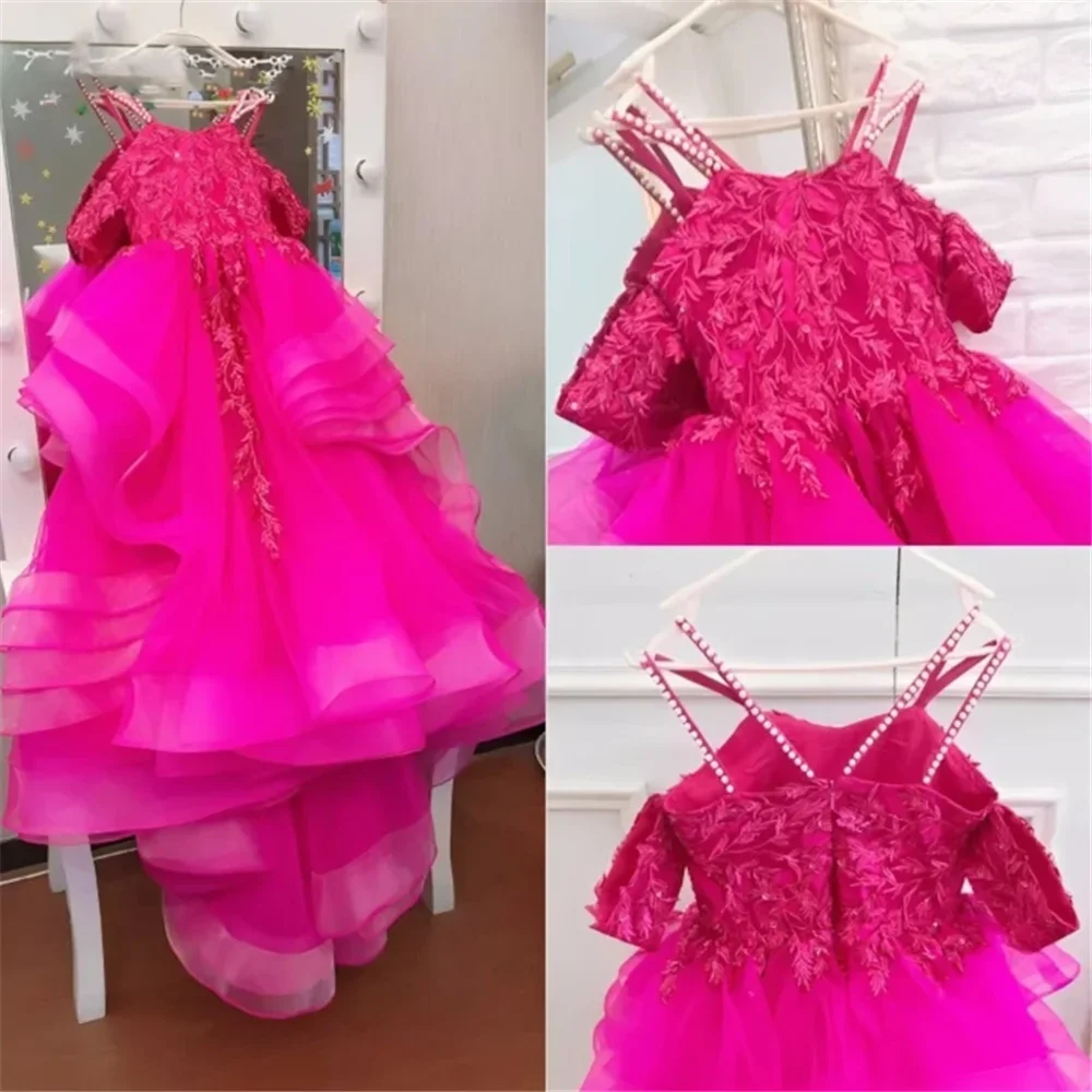 Customised Flower Girl Dress Sleeveless Wedding Kids Birthday Party Banquet Princess Tulle Tiered Flory Pattern Tailing Gowns