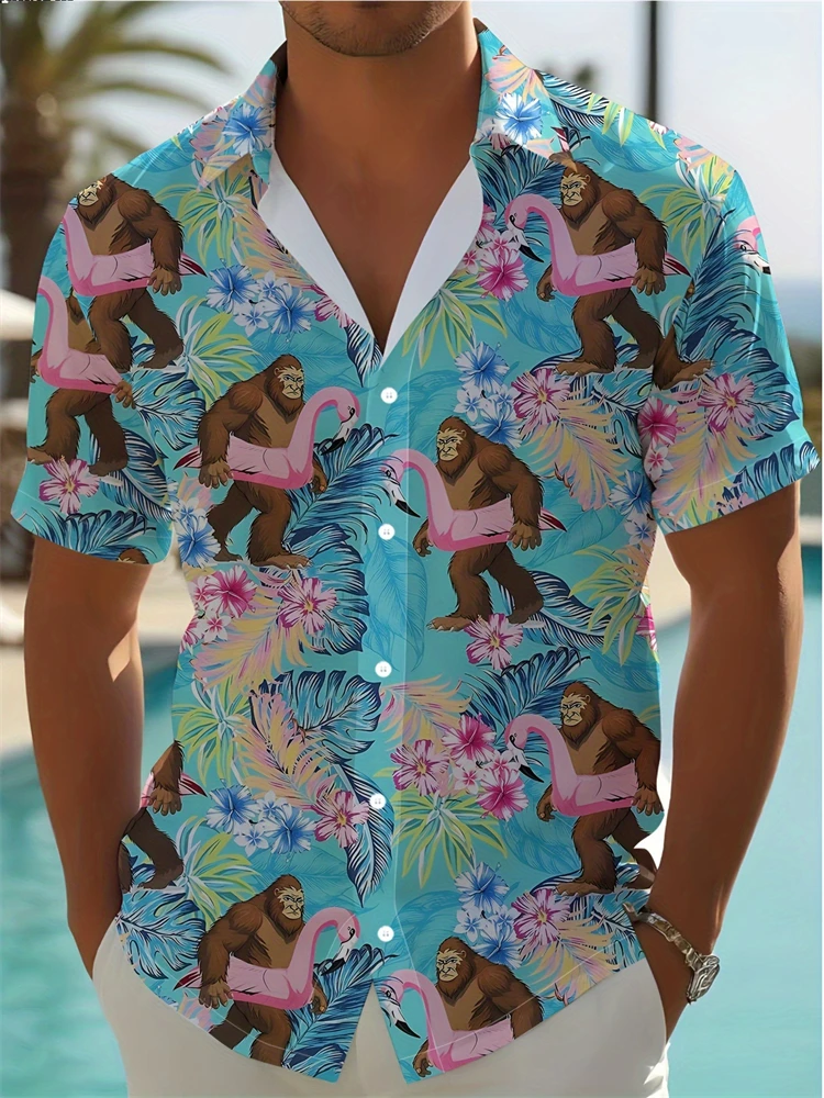 

2025 New Men's Casual Short-sleeved Button-down Shirt Hawaiian 3D Printed Flamingo Gorilla Leaf Pattern Lapel Plus-size Top
